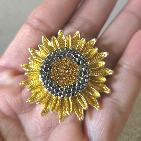 Sunflower Rhinestone Brooch Pin Gold and Black - Picture 3 of 6